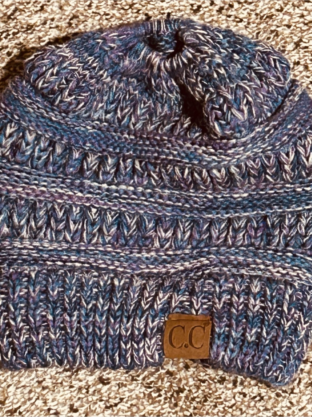 C.C Confetti Cable Knit Messy Bun Beanie Blue & Purple